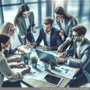 A professional team discussing strategies for implementing a multi-department chatbot in an office setting.