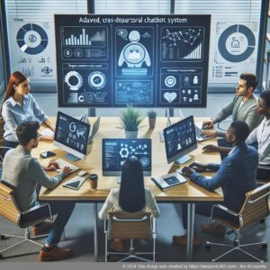 A professional team discussing strategies around a smart multi-department chatbot implementation in an office setting.
