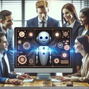 A visual representation of an efficient multi-department chatbot interacting with customers across various platforms.