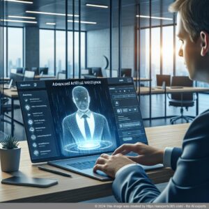 A professional individual interacting with an advanced WordPress AI chatbot interface on a laptop screen.