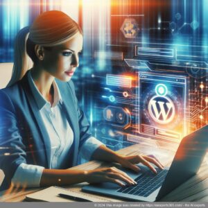 A professional woman using a laptop while interacting with an advanced WordPress chatbot interface on her screen.