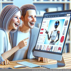 A professional setting showcasing an engaging interaction between customers and a WordPress chatbot on an e-commerce website.