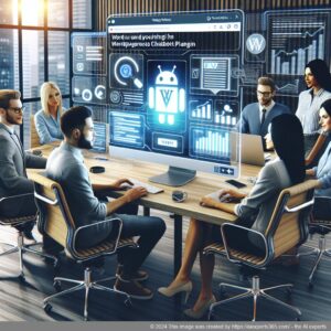 A visual representation of a modern office environment showcasing a diverse team collaborating around a computer with a WordPress Chatbot Plugin interface displayed on the screen.