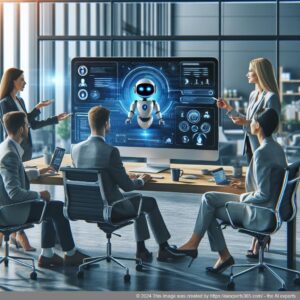A professional setting showcasing a diverse team collaborating over a computer screen displaying Ailisha's AI Chatbot interface on a WordPress site.