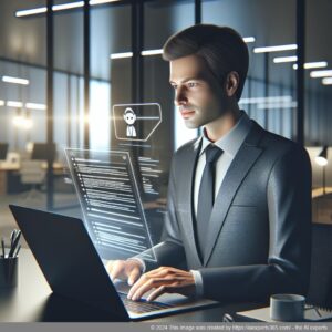 A professional-looking German or Western European individual interacting with a digital interface showcasing a chat window of a WordPress chatbot.
